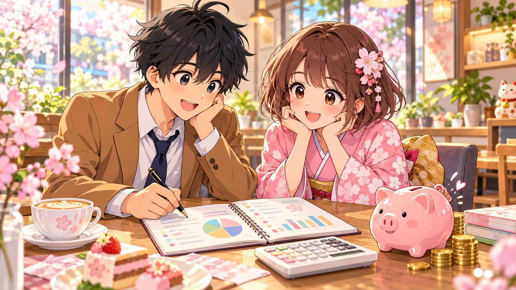 カフェで家計ノートと電卓を広げ、生活防衛資金の目安を一緒に考えるMASAKIとSAKURA