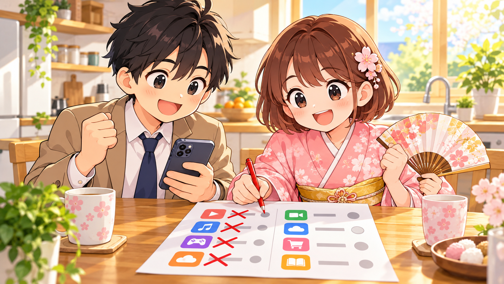 MASAKIとSAKURAがクレジットカード明細とスマホを見ながらサブスクを見直している様子