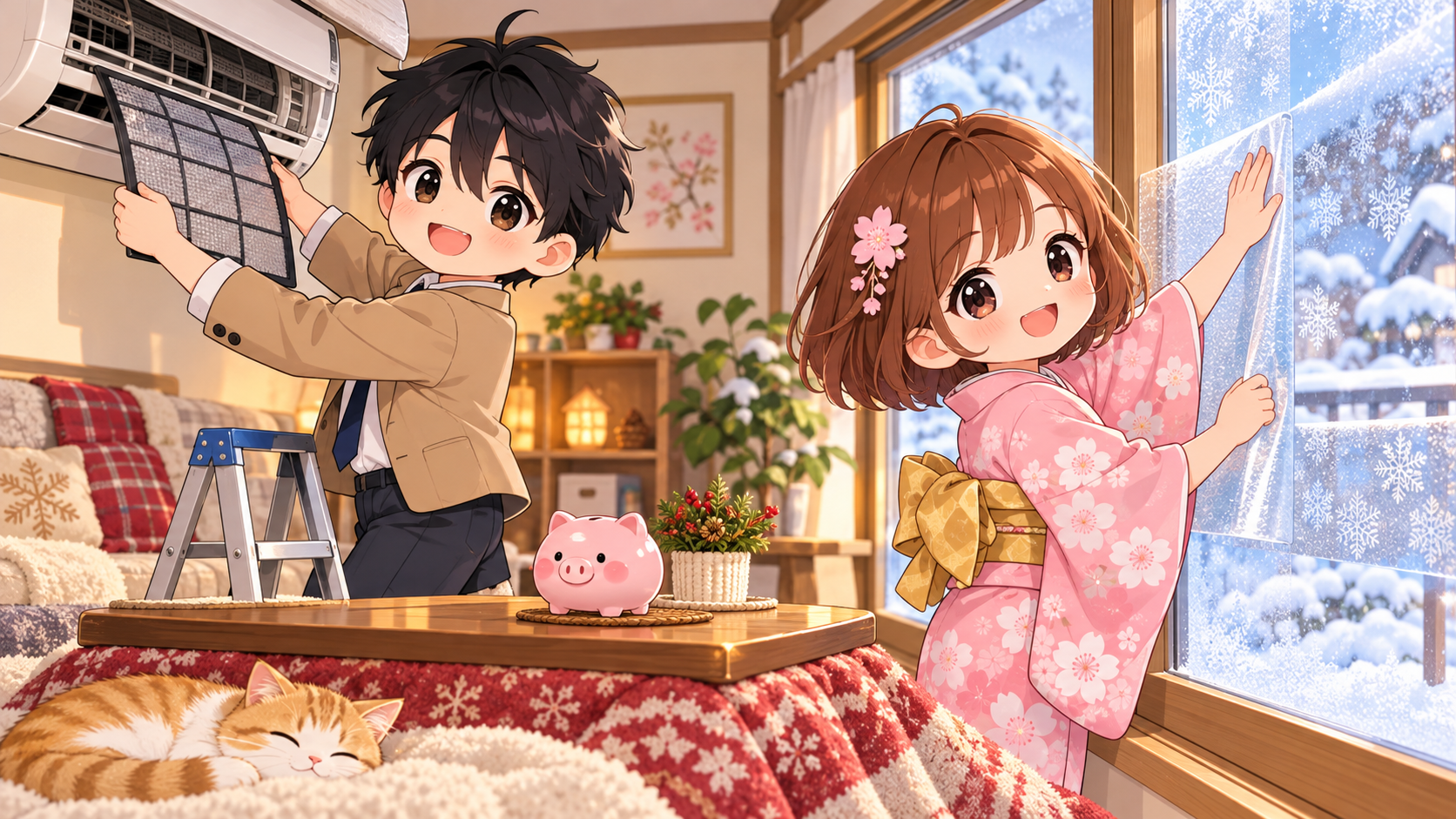 冬のリビングでエアコンのフィルターを掃除するMASAKIと、窓に断熱シートを貼るSAKURA